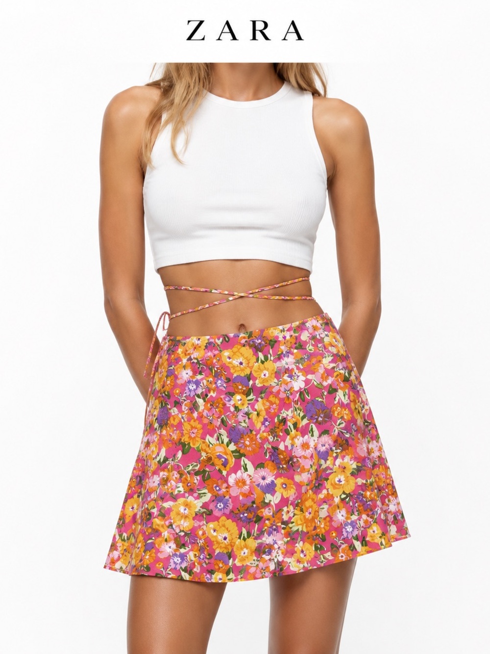 Zara Pink Floral Wrap Mini Skirt Size M Y2K Coquette